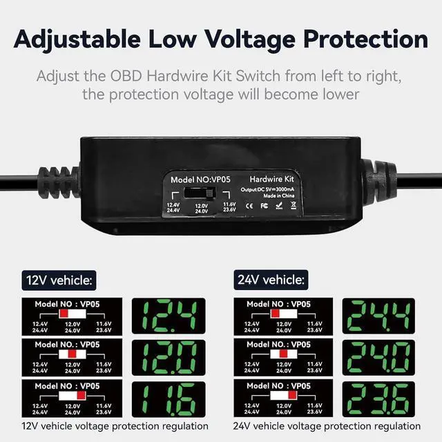 Alt view image 4 of 7 - REDTIGER Dash Cam OBD Hardwire Kit Power Cable Type USB C Port,10FT 12V-24V to 5V,for Dash Camera, Low Voltage Protection