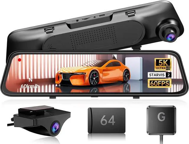 Main image of 5K Mirror Dash Cam with 60fps WDR Backup Camera,12" Rear View Mirror Camera for Car & Trucks, Front and Rear Dual Dash Camera 4K 2160P, Night Vision, Parking Assist, Included 64GB Card & GPS