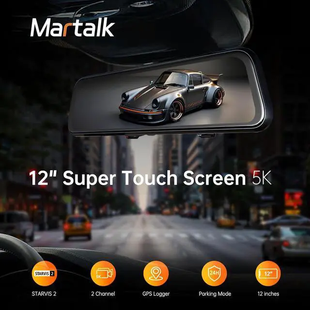 Alt view image 3 of 7 - 5K Mirror Dash Cam with 60fps WDR Backup Camera,12" Rear View Mirror Camera for Car & Trucks, Front and Rear Dual Dash Camera 4K 2160P, Night Vision, Parking Assist, Included 64GB Card & GPS