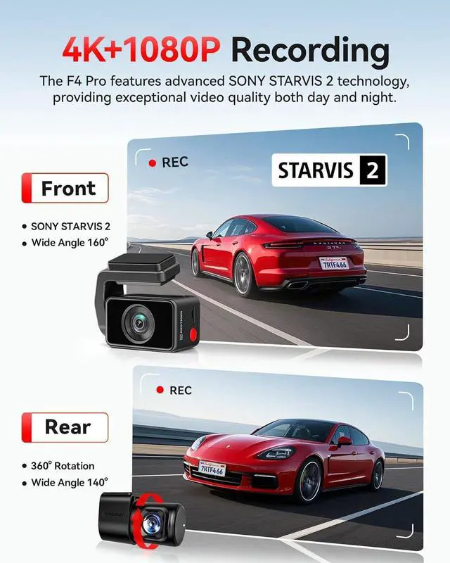 Alt view image 3 of 6 - REDTIGER F4 Pro 4K Dash Cam Front and Rear, STARVIS 2 Sensor, 128GB Card Included, Built-in 5.8GHz WiFi6, 2.2inch Touch Screen Dash Camera for Cars, Voice Control, 24H Parking Mode