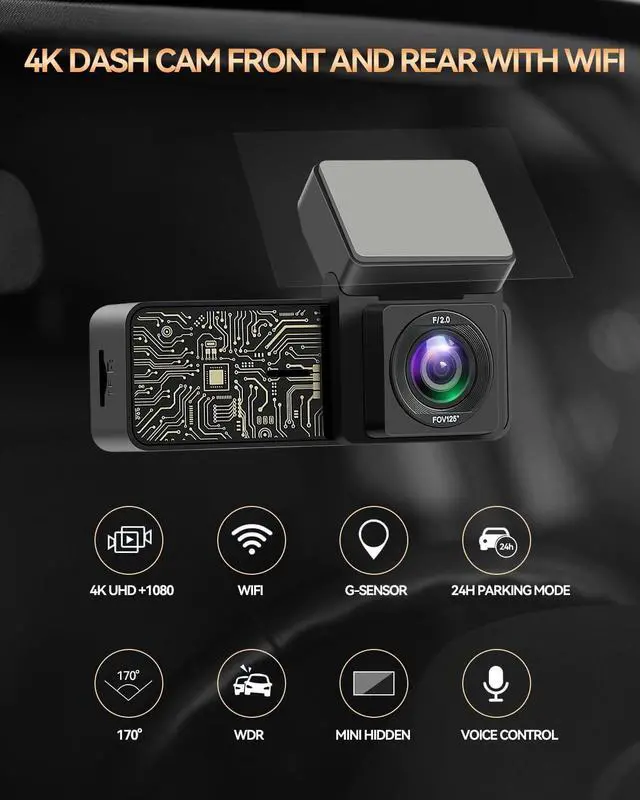 Alt view image 2 of 7 - SPADE Dash Cam Front and Rear, Built-in WiFi 4K+1080P Dash Camera for Cars, Mini Car Camera with Voice Control, Night Vision Car Video Driving Camera Recorder 24H Parking Monitor, G-Sensor