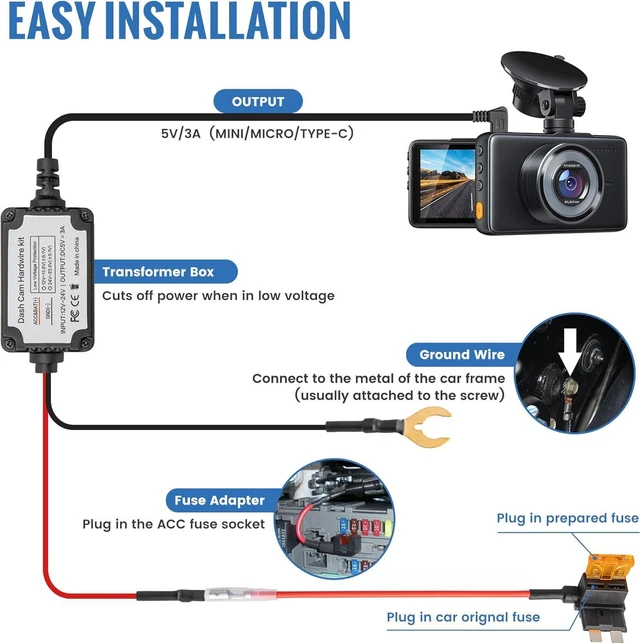 Alt view image 3 of 7 - EWAY 3-in-1 Micro USB & Mini USB Type-C Dash Cam Hardwire Kit Car Charging Power Cable 12V-24V to 5V w/Low Voltage Protection 13ft Dash Camera Charger Power Supply Cord for Dashcam GPS Radar Detector