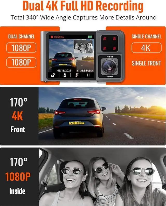 Alt view image 2 of 6 - Kingslim D1 Pro 2K Dash Cam Front and Inside with Wi-Fi GPS - 2K/1080P Dual Car Camera Driving Recorder, Super Night Vision with 340° Wide Angle, 24H Parking Monitor (No Card),128GB
