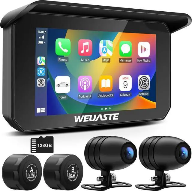 Main image of Portable Motorcycle Dash Cam, Motorcycle TPMS, Wireless Apple Carplay & Android Auto GPS Navigation for Motorbike, 5" IPS Moto Carplay Waterproof Touchscreen, G-Sensor, Bluetooth, 128G SD Card