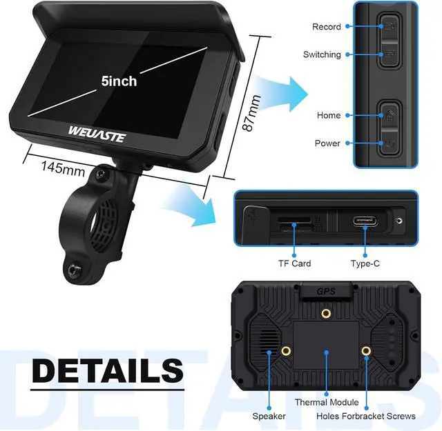 Alt view image 6 of 7 - Portable Motorcycle Dash Cam, Motorcycle TPMS, Wireless Apple Carplay & Android Auto GPS Navigation for Motorbike, 5" IPS Moto Carplay Waterproof Touchscreen, G-Sensor, Bluetooth, 128G SD Card