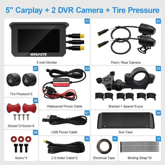 Alt view image 7 of 7 - Portable Motorcycle Dash Cam, Motorcycle TPMS, Wireless Apple Carplay & Android Auto GPS Navigation for Motorbike, 5" IPS Moto Carplay Waterproof Touchscreen, G-Sensor, Bluetooth, 128G SD Card