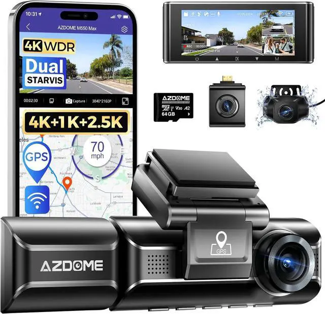 Main image of AZDOME M550 Max 4K 3 Channel Dash Cam, Dual STARVIS Sensors, 4K+2.5K+1080P Front and Rear Inside Triple Car Camera, Built-in WiFi GPS, 64GB Card Included, IR Night Vision, WDR, 24H Parking Mode