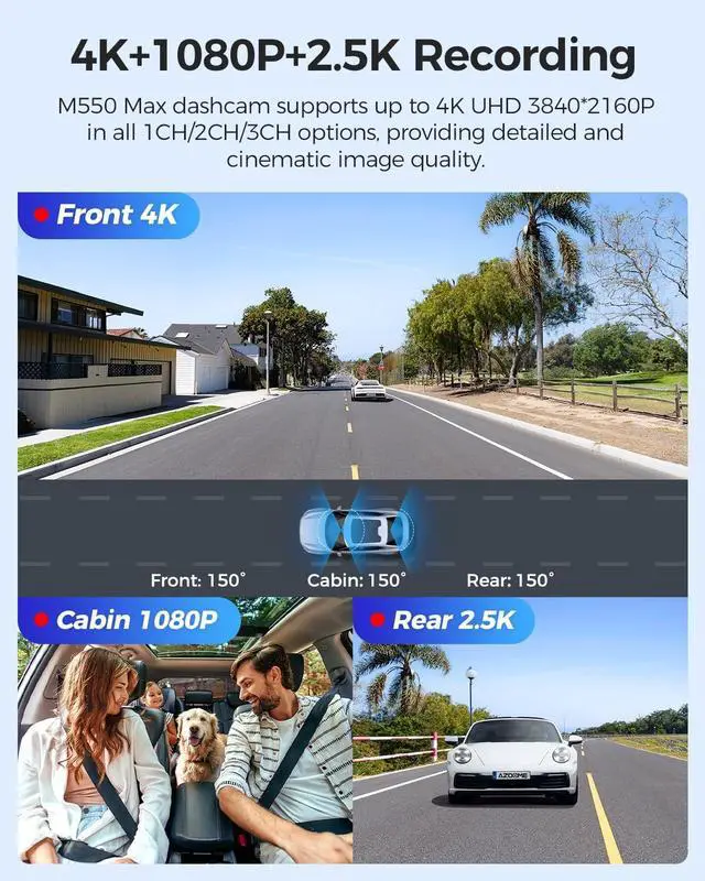 Alt view image 2 of 7 - AZDOME M550 Max 4K 3 Channel Dash Cam, Dual STARVIS Sensors, 4K+2.5K+1080P Front and Rear Inside Triple Car Camera, Built-in WiFi GPS, 64GB Card Included, IR Night Vision, WDR, 24H Parking Mode