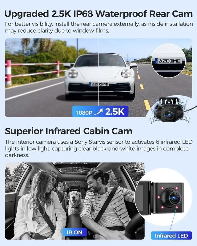 Alt view image 4 of 7 - AZDOME M550 Max 4K 3 Channel Dash Cam, Dual STARVIS Sensors, 4K+2.5K+1080P Front and Rear Inside Triple Car Camera, Built-in WiFi GPS, 64GB Card Included, IR Night Vision, WDR, 24H Parking Mode