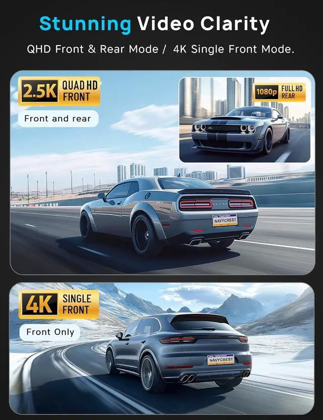 Alt view image 2 of 7 - Navycrest 5G WiFi, Dash Cam Front and Rear 2.5K+1080P, Single Channel 4K-2160P, Free 64GB Card, Dash Camera for Cars, Car Camera, Dashcams for Cars Front and Rear, Gravity Sensor, 24H Parking Mode