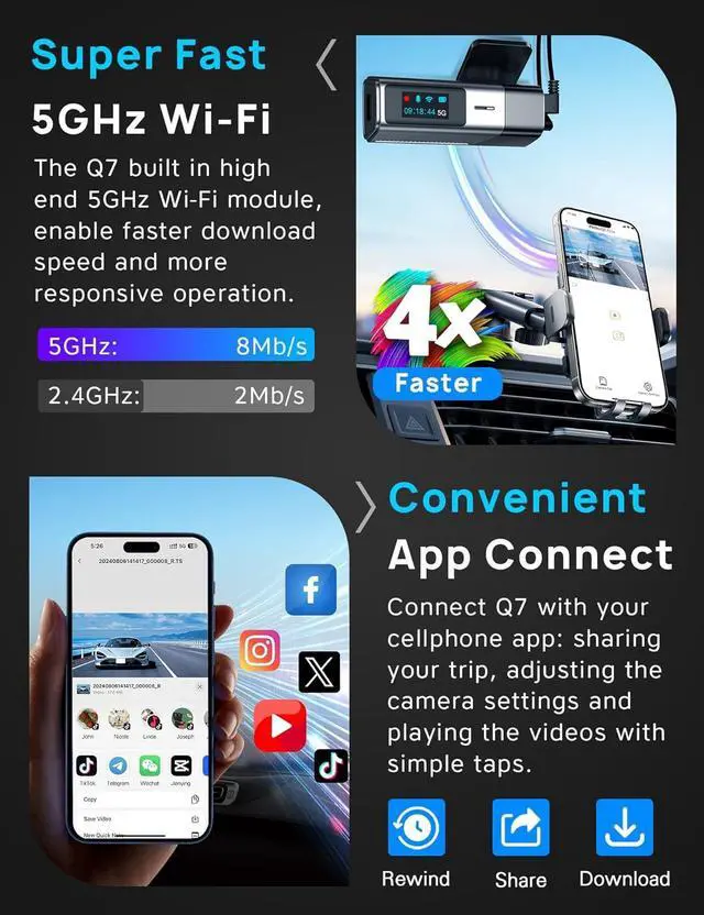 Alt view image 3 of 7 - Navycrest 5G WiFi, Dash Cam Front and Rear 2.5K+1080P, Single Channel 4K-2160P, Free 64GB Card, Dash Camera for Cars, Car Camera, Dashcams for Cars Front and Rear, Gravity Sensor, 24H Parking Mode