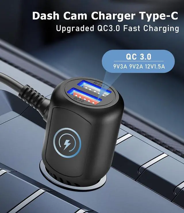Alt view image 2 of 7 - Dash Cam Charger USB C,Type C Dash Cam Power Cord,Dual USB Fast Charger, Compatible with REDTIGER F7N Series,Vantrue N4 and N2S Series,WOLFBOX Mirror cam,AZDOME,Pelsee and GPS Navigator(6.56FT)