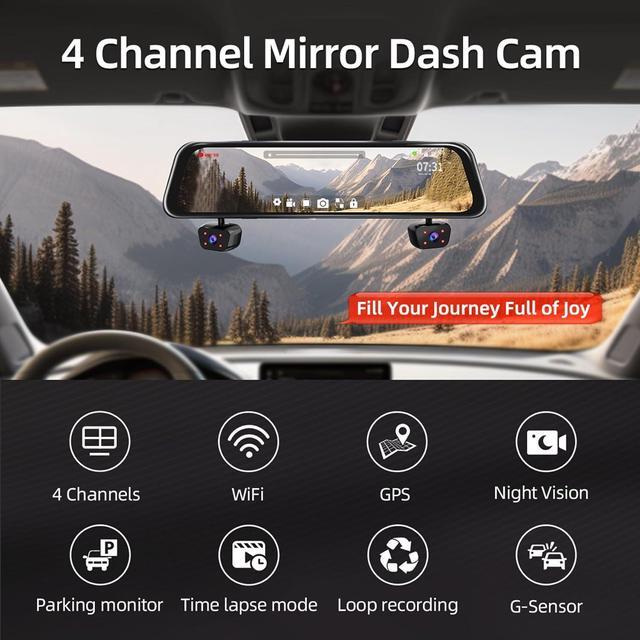 Alt view image 2 of 7 - 4 Channel Mirror Dash Cam, Dash Cam Front and Rear/Inside, 12 FHD 1080Px4 Rear View Mirror Camera, IR Night Vision for Left and Right Inside Car Camera, Built-in WiFi, GPS, Parking Monitor