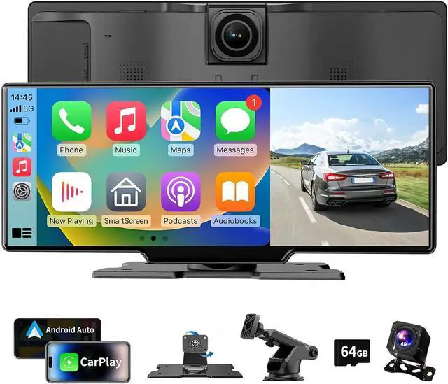 Main image of Portable Carplay Screen for Car, 10.26" HD Car Tablet, Wireless Audio Receivers, IPS Carplay & Android Auto Touch Screen with 4K Dash Cam, GPS Navigation, Siri, AUX/FM, Mirror Link, Backup Camera