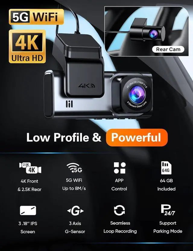 Alt view image 2 of 7 - Navycrest 4K+2.5K WiFi Dash Cam Front and Rear, Built-in 5G WiFi, Free 64GB Card, Dash Camera for Cars, Dual Dashcam, G-Sensor, 24/7 Parking Mode, 3'' IPS Screen, Loop Recording, WDR Silver