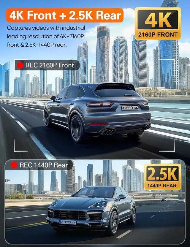 Alt view image 3 of 7 - Navycrest 4K+2.5K WiFi Dash Cam Front and Rear, Built-in 5G WiFi, Free 64GB Card, Dash Camera for Cars, Dual Dashcam, G-Sensor, 24/7 Parking Mode, 3'' IPS Screen, Loop Recording, WDR Silver