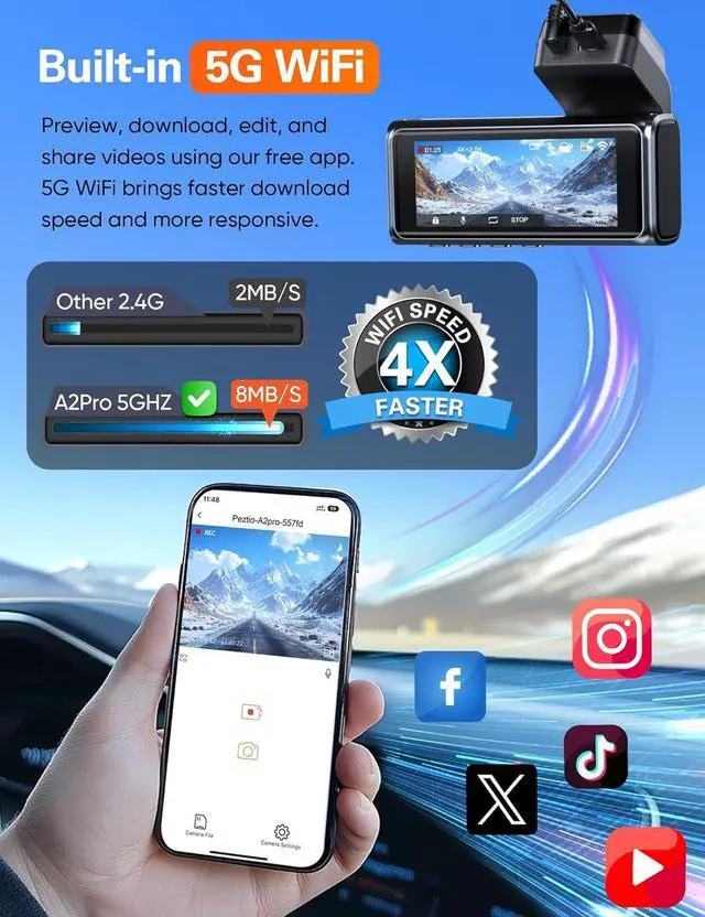 Alt view image 4 of 7 - Navycrest 4K+2.5K WiFi Dash Cam Front and Rear, Built-in 5G WiFi, Free 64GB Card, Dash Camera for Cars, Dual Dashcam, G-Sensor, 24/7 Parking Mode, 3'' IPS Screen, Loop Recording, WDR Silver