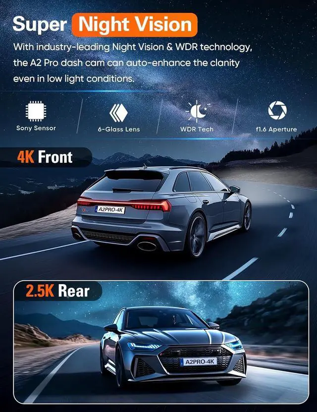 Alt view image 7 of 7 - Navycrest 4K+2.5K WiFi Dash Cam Front and Rear, Built-in 5G WiFi, Free 64GB Card, Dash Camera for Cars, Dual Dashcam, G-Sensor, 24/7 Parking Mode, 3'' IPS Screen, Loop Recording, WDR Silver