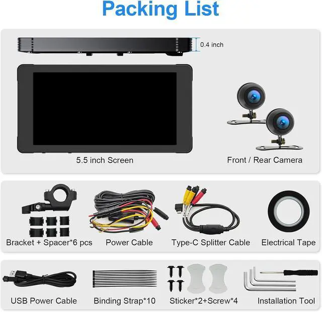 Alt view image 7 of 7 - Motorcycle Dash Cam, Motorcycle Carplay/Android Auto 5.5" Waterproof Touch Screen, Motorbike GPS Navigation System, Digital Display Wire Remote Control, Siri/Google Assistant, 128G SD Card