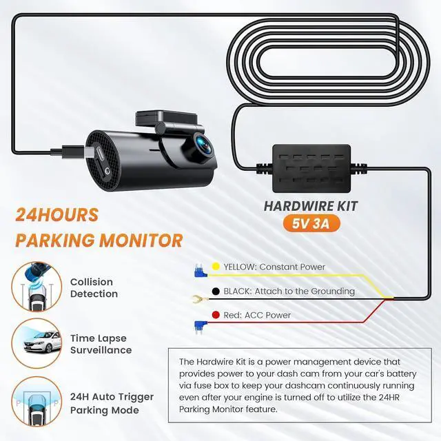 Alt view image 4 of 6 - GKU Dash Cam Hardwire Kit, Acc Hard Wire Car Camera Charger Cable Kit 12V- 24V to 5V Car Dash Camera Charger Power Cord with Battery Drain Protection (Hardwire kit)