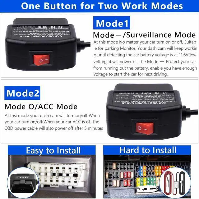 Alt view image 4 of 7 - OBD Power Cable Kit Dash Camera USB to Type C Hardwire Kit, OBD Power Cable for Dashcam 12-24V to 5V/3A with Low Voltage Protection 24h Parking Surveillance/Acc Mode for Dashcam, GPS or Radar