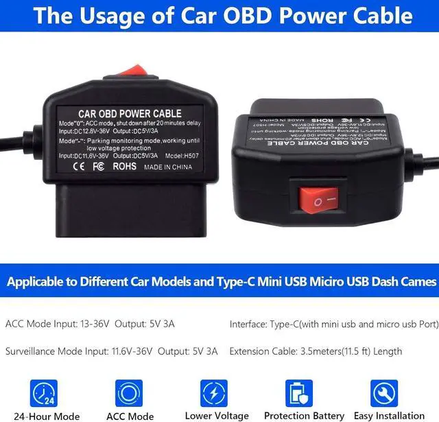 Alt view image 6 of 7 - OBD Power Cable Kit Dash Camera USB to Type C Hardwire Kit, OBD Power Cable for Dashcam 12-24V to 5V/3A with Low Voltage Protection 24h Parking Surveillance/Acc Mode for Dashcam, GPS or Radar