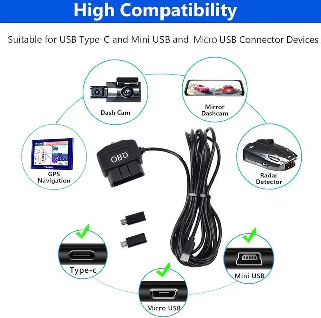 Alt view image 5 of 7 - OBD Power Cable Kit Dash Camera USB to Type C Hardwire Kit, OBD Power Cable for Dashcam 12-24V to 5V/3A with Low Voltage Protection 24h Parking Surveillance/Acc Mode for Dashcam, GPS or Radar