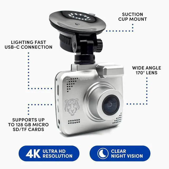 Alt view image 3 of 7 - Blue Tiger Silver Series Dash Cam 4K Ultra HD Automatic Recording, Wide Dynamic Range Technology, 170 Wide Angle Lens, Advanced G Sensor for Collision Detection, Supports 128 GB Max, Night Vision