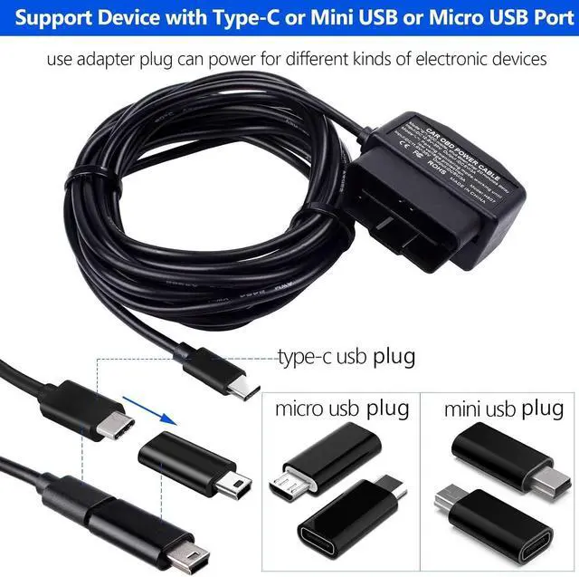Alt view image 7 of 7 - OBD Power Cable Kit Dash Camera USB to Type C Hardwire Kit, OBD Power Cable for Dashcam 12-24V to 5V/3A with Low Voltage Protection 24h Parking Surveillance/Acc Mode for Dashcam, GPS or Radar