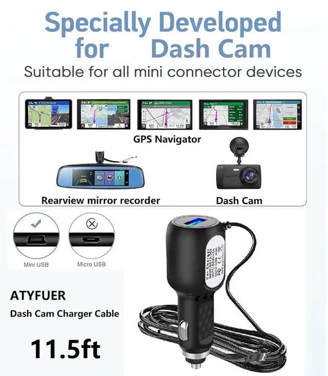 Alt view image 5 of 7 - Dash Cam Charger Cable GPS Navigator Power Cord for Dash Cam GPS MP3 Player GPS Navigator Charging for 12V Car and 24V Truck Car Power Adapter Cable...