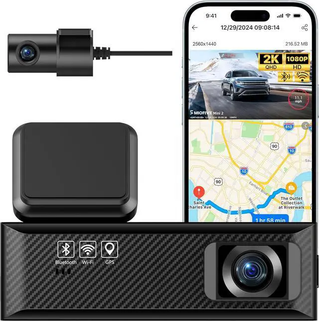 Main image of Miofive Dash Cam Mini 2, 2K+1080P FHD, Built-in Wi-Fi GPS Smart Dash Camera for Cars, 125° Wide-Angle FOV, HDR, Night Vision, G-Sensor, iOS/Android App, Loop Recording, Parking Monitor, Time-Lapse