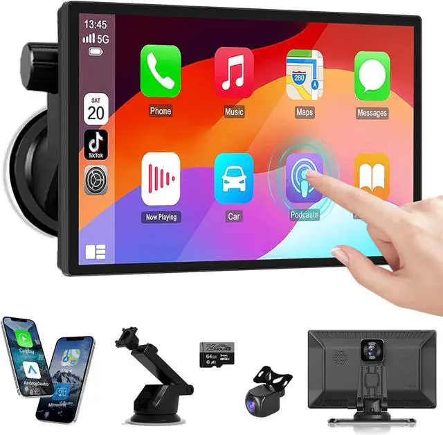 Main image of 9" Portable Carplay Screen for Car, Wireless Apple Carplay & Android Auto Touch Screen with 4K Dash Cam & 1080P Backup Camer, Car Play with GPS Navigation,Voice Control,Mirror Link,Bluetooth