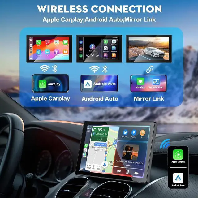 Alt view image 2 of 7 - 9" Portable Carplay Screen for Car, Wireless Apple Carplay & Android Auto Touch Screen with 4K Dash Cam & 1080P Backup Camer, Car Play with GPS Navigation,Voice Control,Mirror Link,Bluetooth