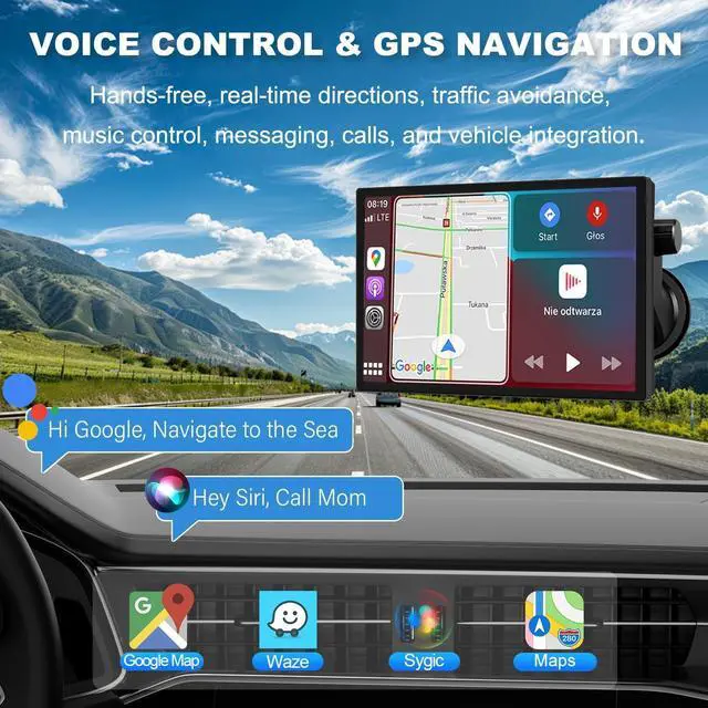 Alt view image 3 of 7 - 9" Portable Carplay Screen for Car, Wireless Apple Carplay & Android Auto Touch Screen with 4K Dash Cam & 1080P Backup Camer, Car Play with GPS Navigation,Voice Control,Mirror Link,Bluetooth
