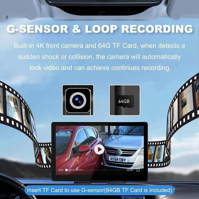Alt view image 5 of 7 - 9" Portable Carplay Screen for Car, Wireless Apple Carplay & Android Auto Touch Screen with 4K Dash Cam & 1080P Backup Camer, Car Play with GPS Navigation,Voice Control,Mirror Link,Bluetooth