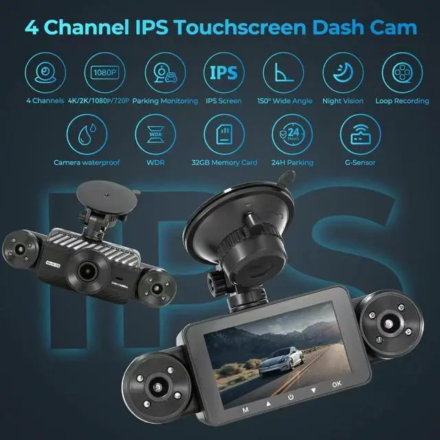 Alt view image 5 of 7 - 4 Channel Dash Cam 360° View, Include Front & Rear Left Right Camera Support 4 Way Recording, 32GB Card, 3 IPS Screen/Night Vision/WDR/24H Parking/G-Sensor2G/4G/8G / 3 Split Screen