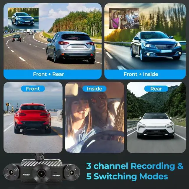 Alt view image 4 of 7 - 4 Channel Dash Cam 360° View, Include Front & Rear Left Right Camera Support 4 Way Recording, 32GB Card, 3 IPS Screen/Night Vision/WDR/24H Parking/G-Sensor2G/4G/8G / 3 Split Screen