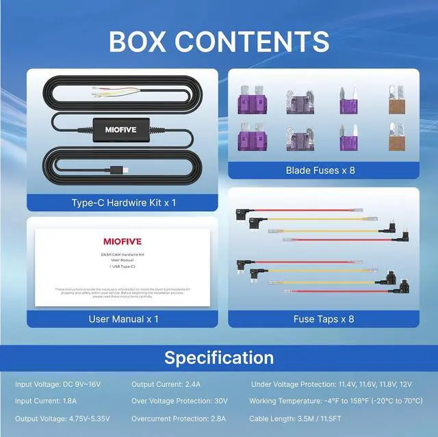 Alt view image 7 of 7 - Miofive USB Type-C Hardwire Kit Only for Miofive S1 & Mini Series and Mirror 1 Dash Cam, Activate Parking Mode and Low Voltage Protection, 11.5 ft / 350 cm (Need Purchase Separately)