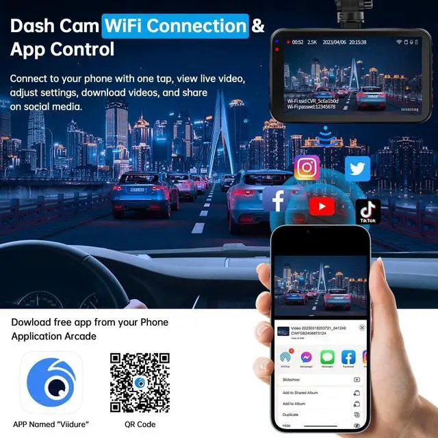 Alt view image 3 of 7 - Dash Cam Front and Rear, Dash Camera for Cars WiFi/APP Control Dual Dashcam W/ 64GB Card, 2.5K Dash Cam Front+1080P Rear Car Camera W/Super Night Vision, Loop Recording, G-Sensor, Max Support 256GB