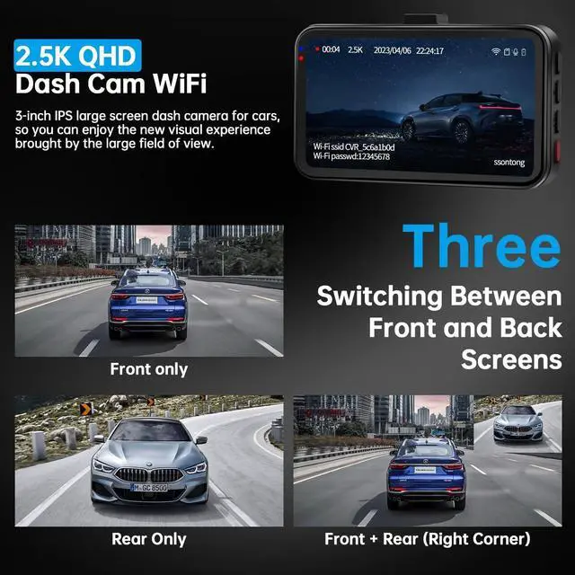 Alt view image 7 of 7 - Dash Cam Front and Rear, Dash Camera for Cars WiFi/APP Control Dual Dashcam W/ 64GB Card, 2.5K Dash Cam Front+1080P Rear Car Camera W/Super Night Vision, Loop Recording, G-Sensor, Max Support 256GB