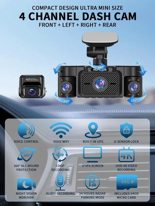Alt view image 2 of 7 - Dash Cam Front and Rear Inside, 360° Dash Camera for Cars 4 Channel 4K/2K FHD Mini Dashcam, Car Camera Built-in WiFi GPS, with 64GB Card, Voice Control, Night Vision WDR/HDR,24/7 Parking Mode V50-4CH