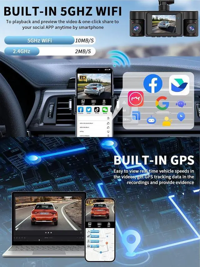 Alt view image 6 of 7 - Dash Cam Front and Rear Inside, 360° Dash Camera for Cars 4 Channel 4K/2K FHD Mini Dashcam, Car Camera Built-in WiFi GPS, with 64GB Card, Voice Control, Night Vision WDR/HDR,24/7 Parking Mode V50-4CH