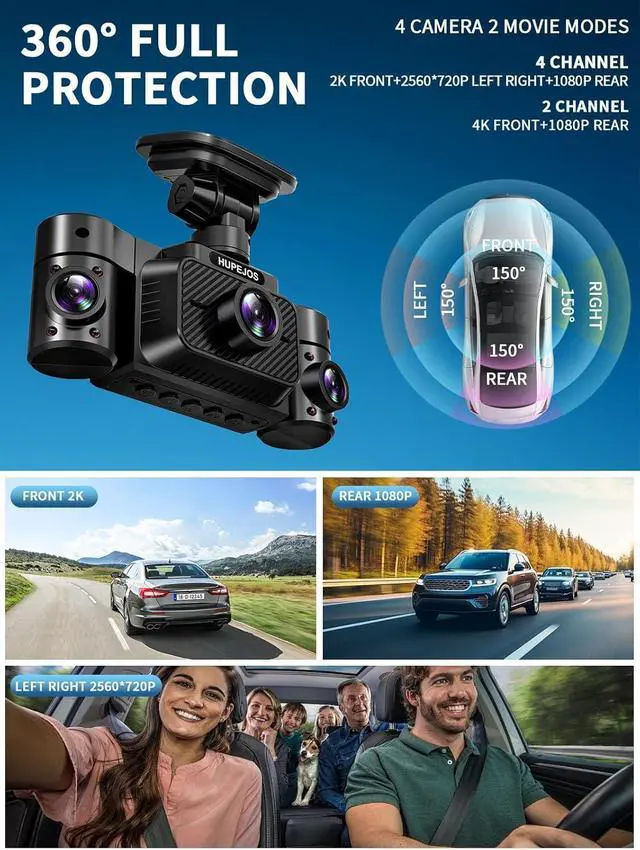 Alt view image 3 of 7 - Dash Cam Front and Rear Inside, 360° Dash Camera for Cars 4 Channel 4K/2K FHD Mini Dashcam, Car Camera Built-in WiFi GPS, with 64GB Card, Voice Control, Night Vision WDR/HDR,24/7 Parking Mode V50-4CH