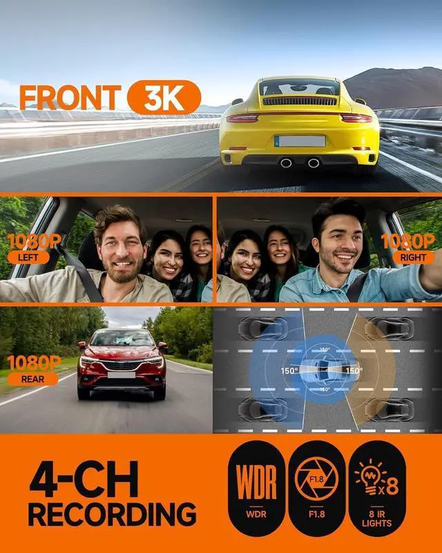 Alt view image 7 of 7 - 360° Dash Cam Front, Rear and Inside, 4 Channel 3K+3*1080P, 5GHz Wi-Fi GPS, Voice Control, 4K+1080P*2 Dash Camera for Cars, CPL Filter, Free 64GB SD Card, Night Vision, 24H Parking Mode(N700)