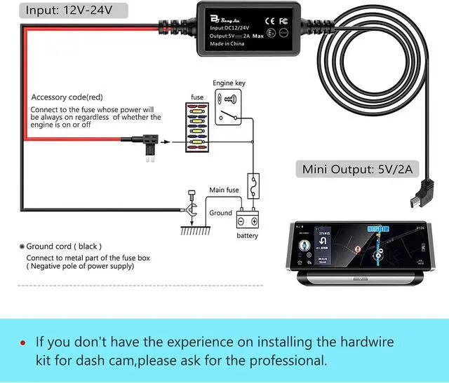 Alt view image 4 of 7 - Dash Cam Hardwire Kit Mini USB Bangjia 12V-24V to 5V/2A | Car Dash Camera Charger Power Cord11.5ft) Suitable for Driving Eecorders,Rearview Mirrors, GPS Navigators