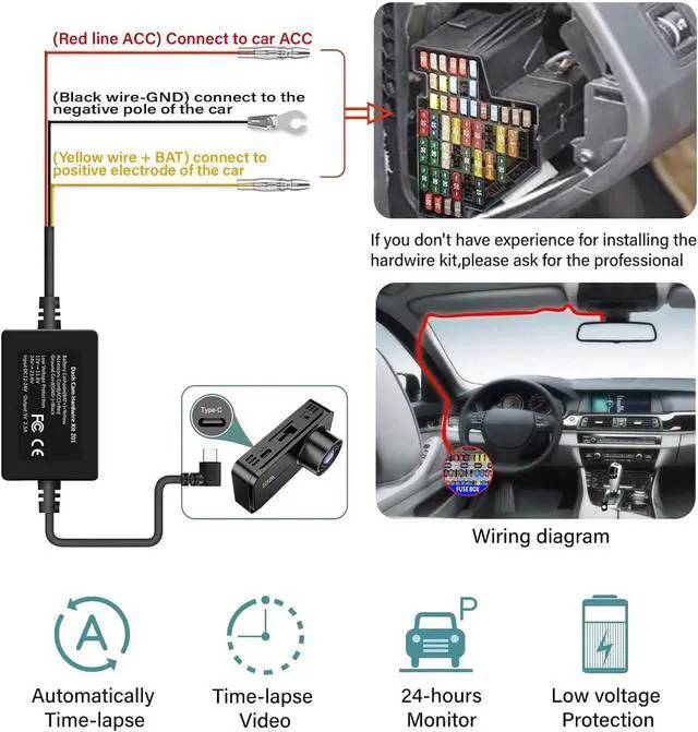 Alt view image 3 of 5 - Type-C Dash Cam Hardwire Kit, 11.5ft Hard Wire Kit for G900, Low-Voltage Protection for Parking Mode, Converts 12V - 24V to 5V/3A,4 Fuses Kit and Installation Tool