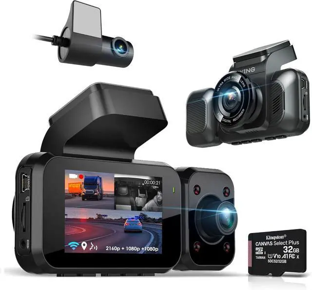 Main image of 4K 3-Channel Dash Cam with Wi-Fi, GPS, Voice Control, G-Sensor, and Loop Recording  Super Capacitor, 170° Wide Angle, 32GB MicroSD Included