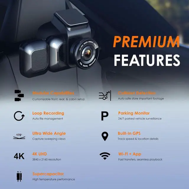 Alt view image 2 of 5 - 4K 3-Channel Dash Cam with Wi-Fi, GPS, Voice Control, G-Sensor, and Loop Recording  Super Capacitor, 170° Wide Angle, 32GB MicroSD Included