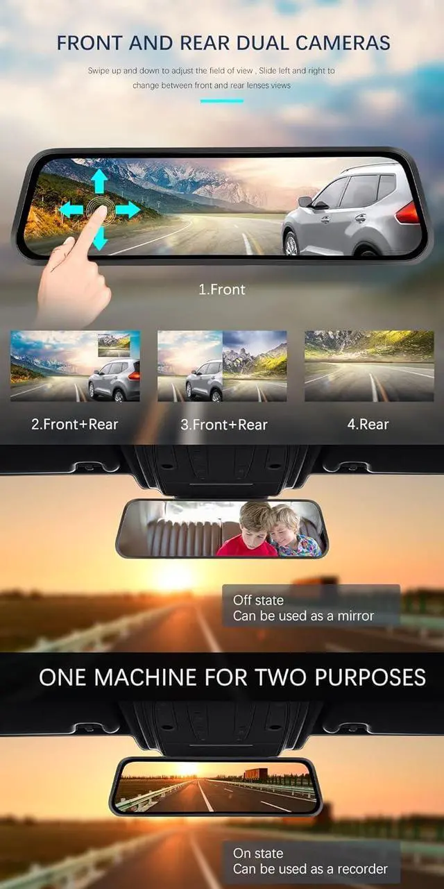 Alt view image 7 of 7 - CAMECHO 9.66 Mirror Dash Cam Backup Camera with 32GB Card, 1080P Full HD Touch Screen Dual Front and Rear Camera Super Night Vision, G-Sensor, WDR, Parking Monitor, Loop Recording, Motion Detection