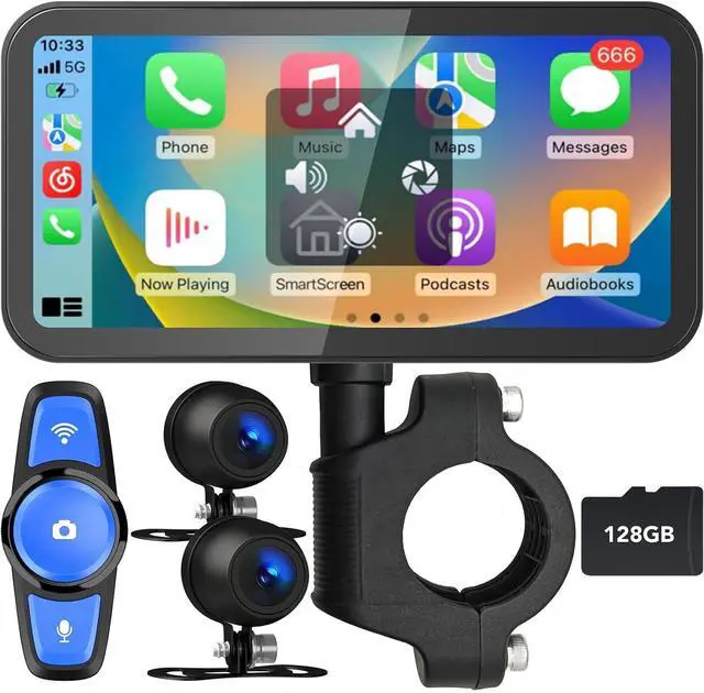 Main image of Motorcycle Dash Cam, Motorcycle Apple Carplay & Android Auto GPS Navigation for Motorbike, 6.25" IPS Waterproof Touchscreen, Dual HD 1080P Cameras, Support, Siri, Google Assistant, SD-128GB